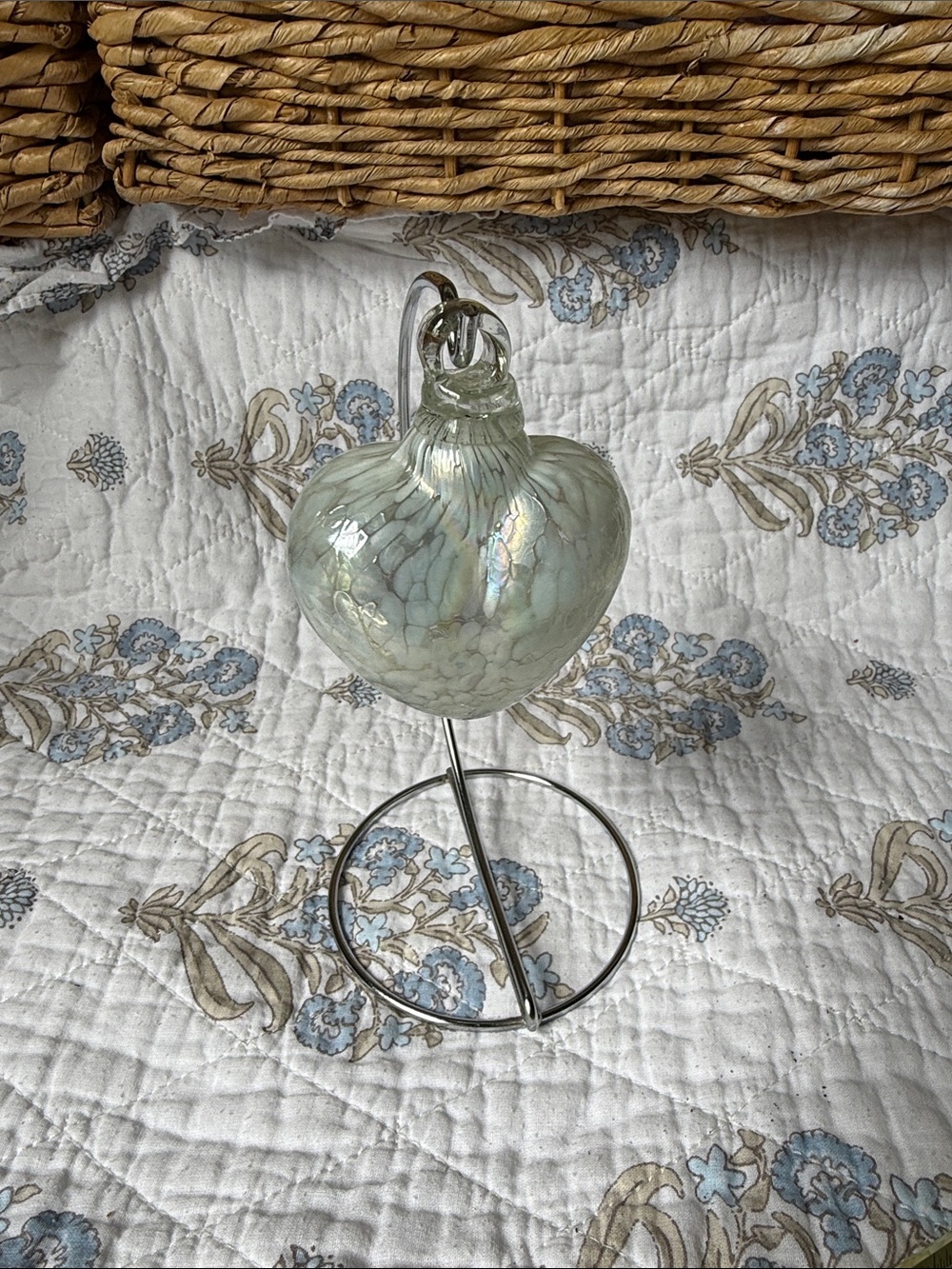 Iridescent Pale Green Handblown Glass Heart Ornament